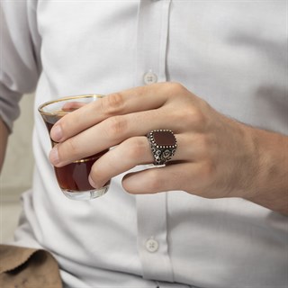 Osmanlı Devleti Armalı Akik Taşlı 925 Gümüş Erkek Yüzük