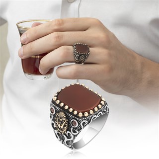 Osmanlı Devleti Armalı Akik Taşlı 925 Gümüş Erkek Yüzük