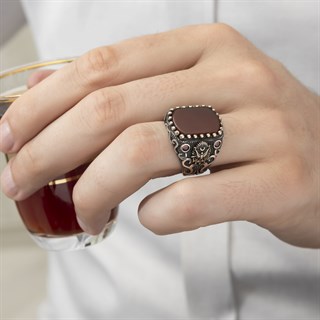 Osmanlı Devleti Armalı Akik Taşlı 925 Gümüş Erkek Yüzük