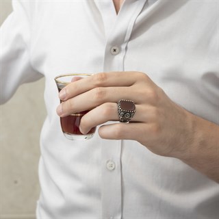 Osmanlı Devleti Armalı Akik Taşlı 925 Gümüş Erkek Yüzük