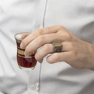 Osmanlı Devleti Armalı Kaplan Gözü Taşlı 925 Gümüş Erkek Yüzük