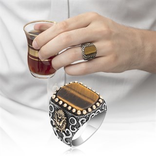 Osmanlı Devleti Armalı Kaplan Gözü Taşlı 925 Gümüş Erkek Yüzük