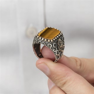 Osmanlı Devleti Armalı Kaplan Gözü Taşlı 925 Gümüş Erkek Yüzük