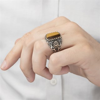 Osmanlı Devleti Armalı Kaplan Gözü Taşlı 925 Gümüş Erkek Yüzük