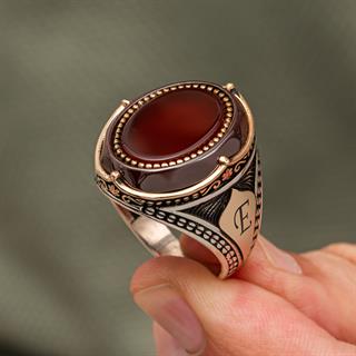 Oval Akik Taşlı Harfli 925 Gümüş Yüzük Erkek