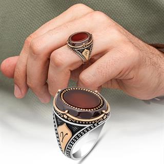 Oval Akik Taşlı Harfli 925 Gümüş Yüzük Erkek