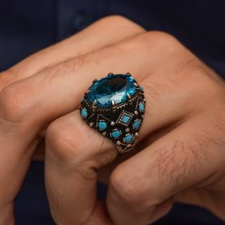 Oval Aqua Mavi Taşlı 925 Gümüş Erkek Yüzük