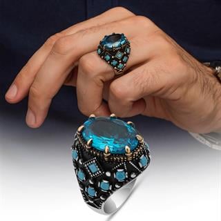 Oval Aqua Mavi Taşlı 925 Gümüş Erkek Yüzük