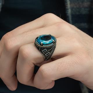Oval Aqua Mavi Taşlı 925 Gümüş Erkek Yüzük