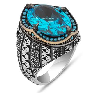 Oval Aqua Mavi Taşlı 925 Gümüş Erkek Yüzük