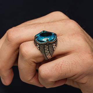Oval Aqua Mavi Taşlı 925 Gümüş Erkek Yüzük