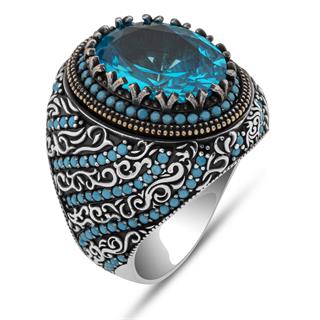 Oval Aqua Mavi Taşlı 925 Gümüş Erkek Yüzük