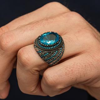 Oval Aqua Mavi Taşlı 925 Gümüş Erkek Yüzük