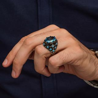 Oval Aqua Mavi Taşlı 925 Gümüş Erkek Yüzük