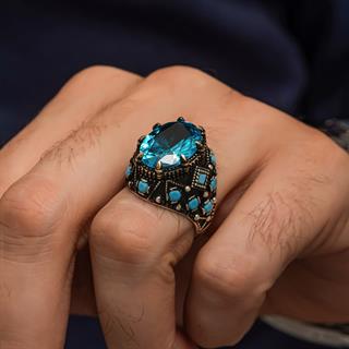 Oval Aqua Mavi Taşlı 925 Gümüş Erkek Yüzük
