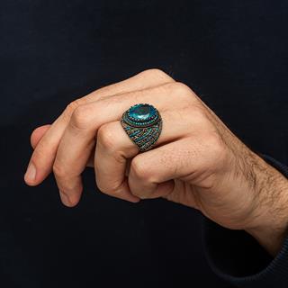 Oval Aqua Mavi Taşlı 925 Gümüş Erkek Yüzük