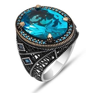 Oval Aqua Mavi Taşlı 925 Gümüş Erkek Yüzük