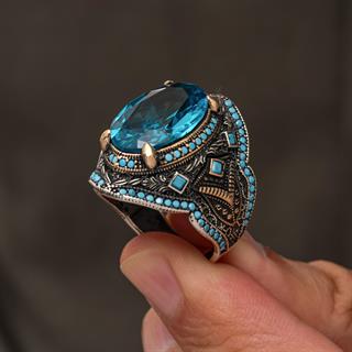 Oval Aqua Mavi Taşlı 925 Gümüş Yüzük Erkek