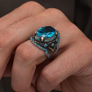 Oval Aqua Mavi Taşlı 925 Gümüş Yüzük Erkek
