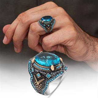 Oval Aqua Mavi Taşlı 925 Gümüş Yüzük Erkek