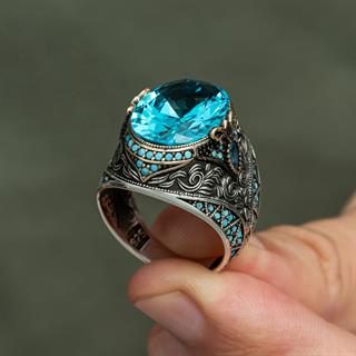Oval Aqua Mavisi Taşlı 925 Gümüş Erkek Yüzük