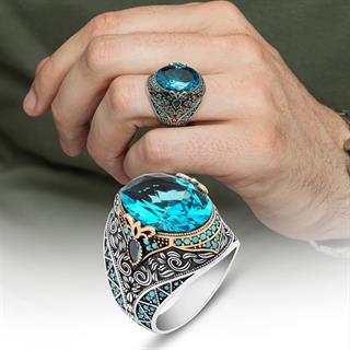 Oval Aqua Mavisi Taşlı 925 Gümüş Erkek Yüzük