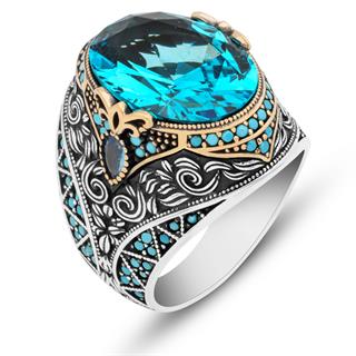 Oval Aqua Mavisi Taşlı 925 Gümüş Erkek Yüzük