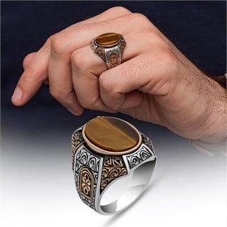 Oval Kaplan Gözü Taşlı 925 Gümüş Yüzük Erkek