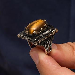 Oval Kaplan Gözü Taşlı Elifvav 925 Ayar Gümüş Yüzük