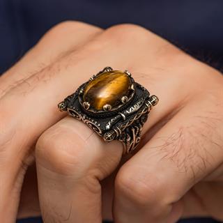 Oval Kaplan Gözü Taşlı Elifvav 925 Ayar Gümüş Yüzük