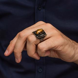 Oval Kaplan Gözü Taşlı Elifvav 925 Ayar Gümüş Yüzük