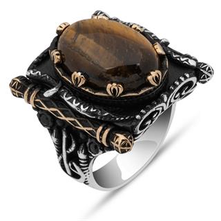 Oval Kaplan Gözü Taşlı Elifvav 925 Ayar Gümüş Yüzük