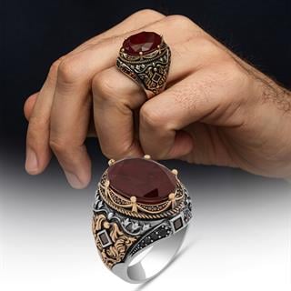 Oval Kırmızı Paraiba Taşlı 925 Gümüş Erkek Yüzük