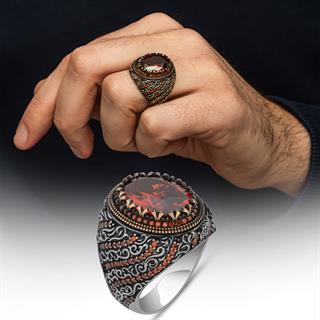 Oval Kırmızı Taşlı 925 Gümüş Erkek Yüzük