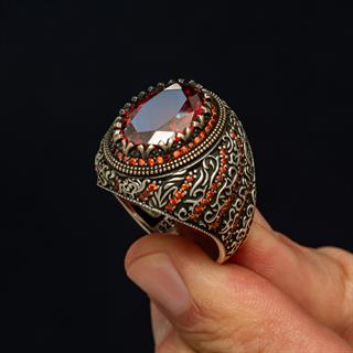 Oval Kırmızı Taşlı 925 Gümüş Erkek Yüzük