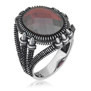 Oval Kırmızı Taşlı 925 Gümüş Erkek Yüzük