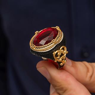 Oval Kırmızı Taşlı 925 Gümüş Erkek Yüzük