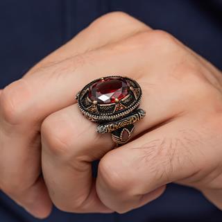 Oval Kırmızı Taşlı 925 Gümüş Erkek Yüzük