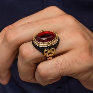 Oval Kırmızı Taşlı 925 Gümüş Erkek Yüzük