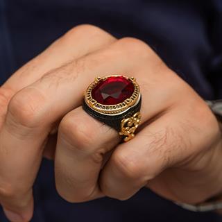 Oval Kırmızı Taşlı 925 Gümüş Erkek Yüzük
