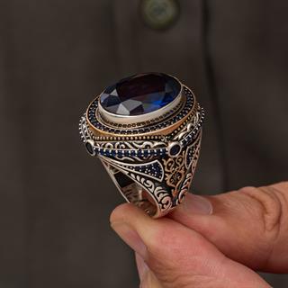 Oval Lacivert Parlament Mavi Taşlı Zirkon 925 Gümüş Yüzük Erkek