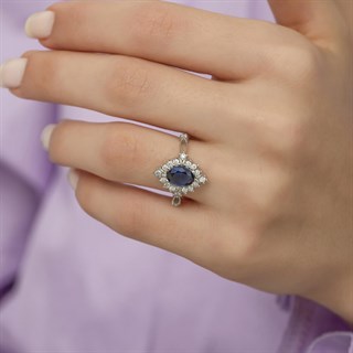 Oval Mavi Zirkon Taşlı Tektaş Gümüş Bayan Yüzük