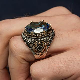 Oval Mistik Topaz Taşlı 925 Gümüş Erkek Yüzük