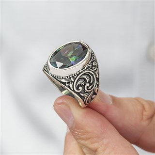 Oval Mistik Topaz Taşlı 925 Gümüş Erkek Yüzük