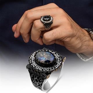Oval Mistik Topaz Taşlı 925 Gümüş Erkek Yüzük