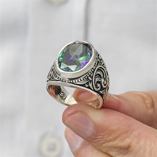 Oval Mistik Topaz Taşlı 925 Gümüş Erkek Yüzük