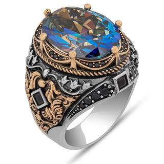 Oval Mistik Topaz Taşlı 925 Gümüş Erkek Yüzük