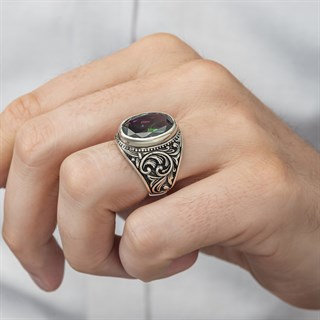 Oval Mistik Topaz Taşlı 925 Gümüş Erkek Yüzük