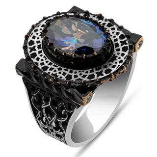 Oval Mistik Topaz Taşlı 925 Gümüş Erkek Yüzük