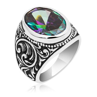 Oval Mistik Topaz Taşlı 925 Gümüş Erkek Yüzük